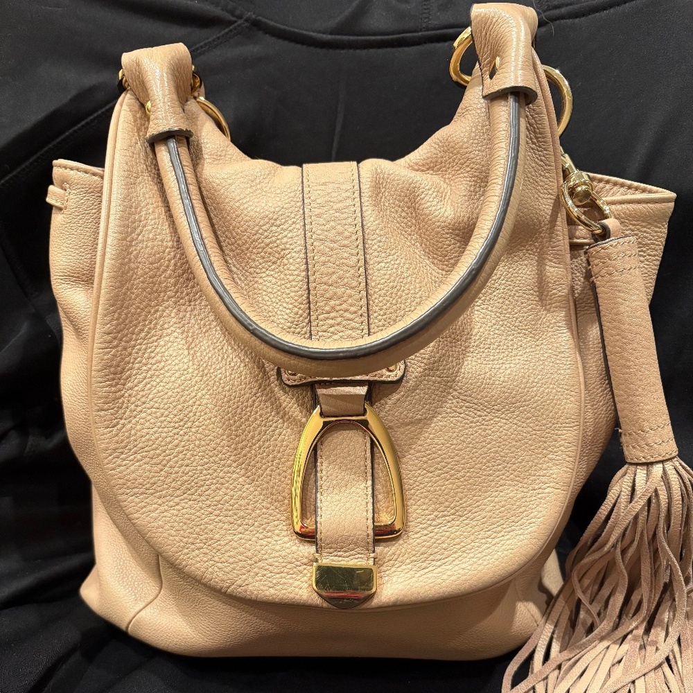 GILI Blush Pebbled Leather Shoulder Bag w/ Tassel